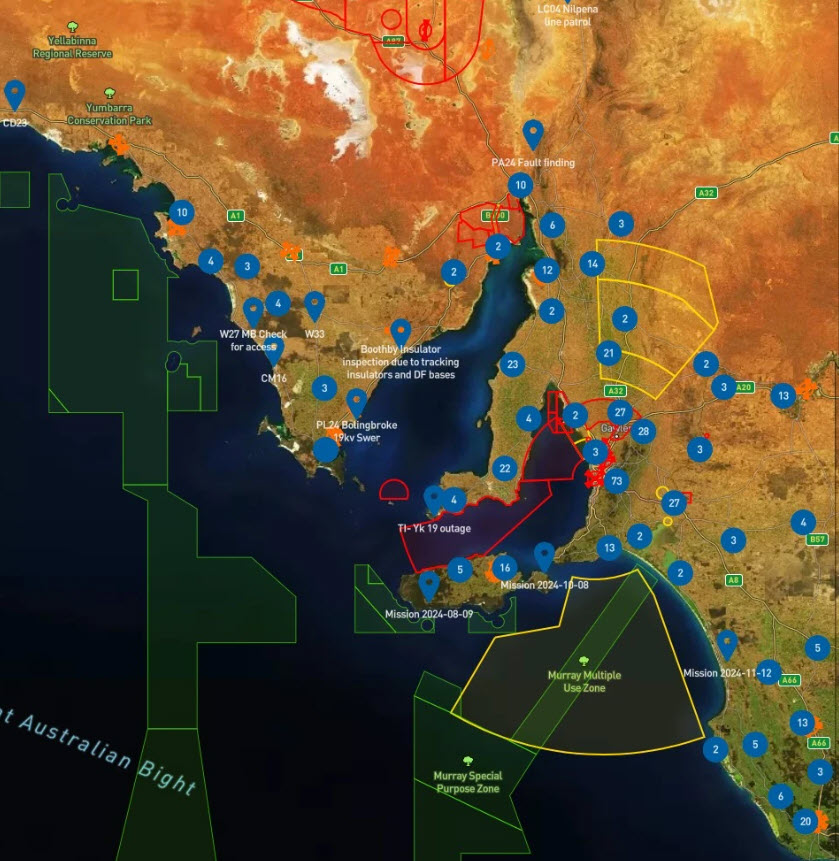 A map showing SA Power Networks' Drone flights for 2024