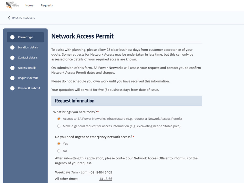 A screenshot of the new Network Access Permit (NAP) functionality in the SA Power Networks Portal.