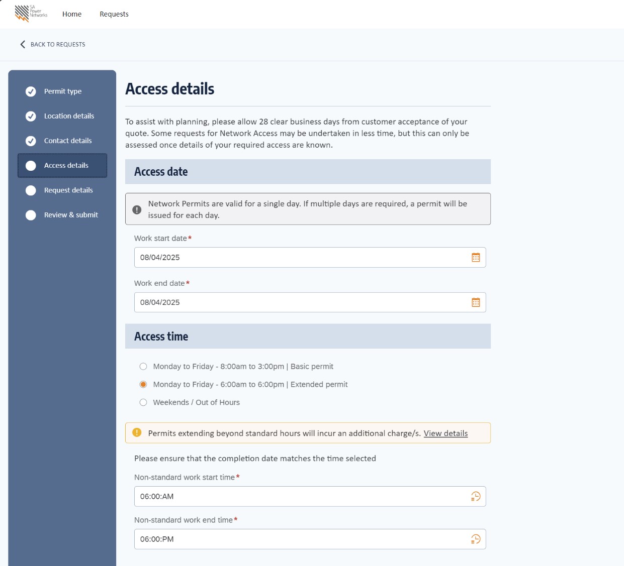 A screenshot of the new Network Access Permit (NAP) functionality in the SA Power Networks Portal.