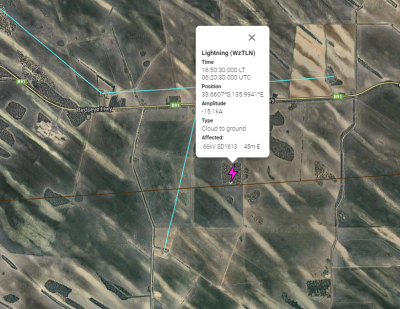 Picture: Pinpointing the impact our lightning strike detection tool identifies a cloud-to-ground strike near Birdseye Highway, highlighting its proximity to the powerline affected at the time of the outage. 